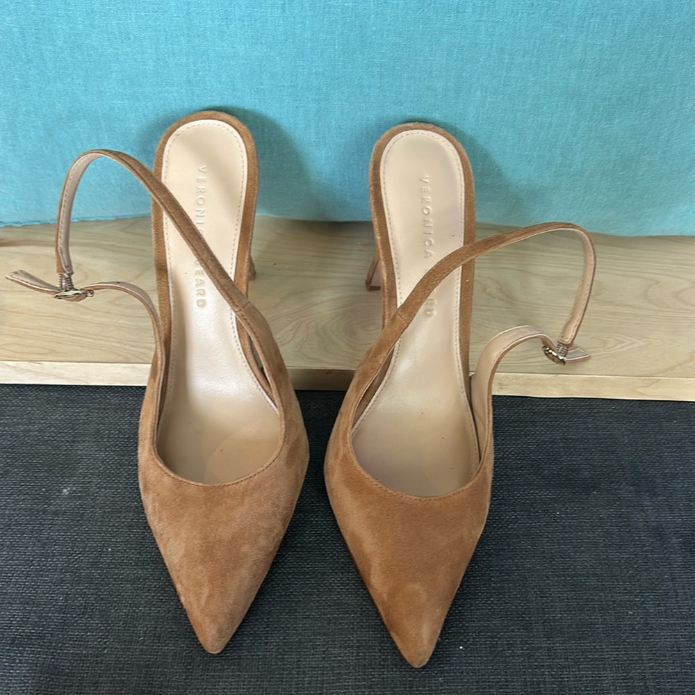 Veronica Beard Tan Suede Pointed-Toe Slingback Heels